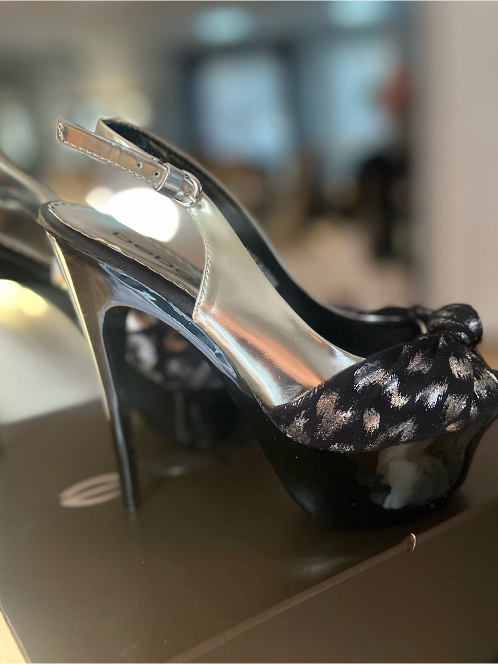 bebe Black Shimmery Knot Platform Slingbacks
